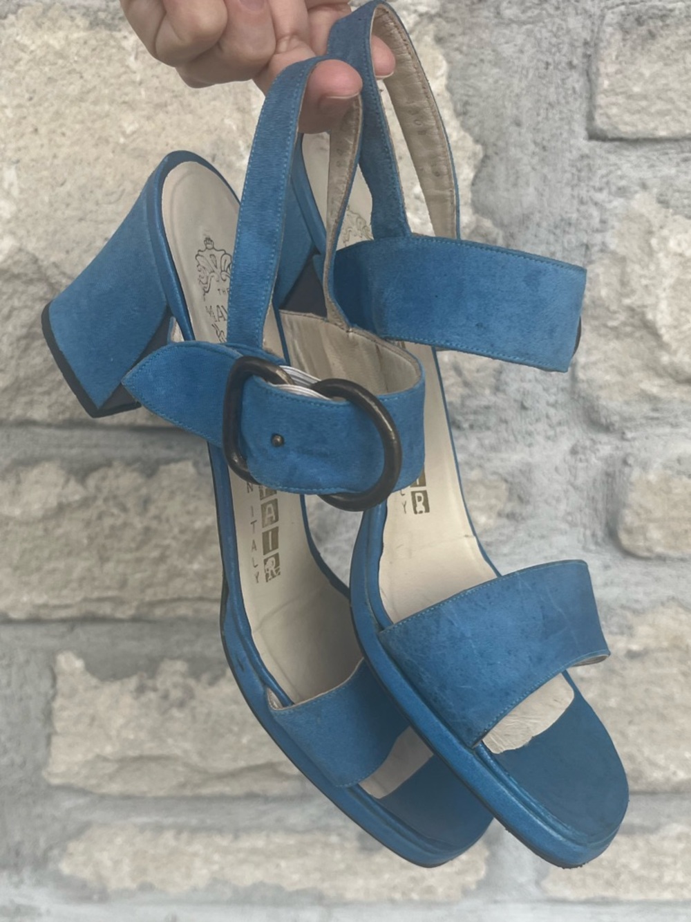 Mayfair Vintage Blue Suede Block Heel Sandals with Buckle Size 8.5